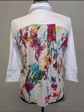 Chico's White Floral Print Button-Up Collared 3/4 Sleeve Stretch Shirt Sz S (0)